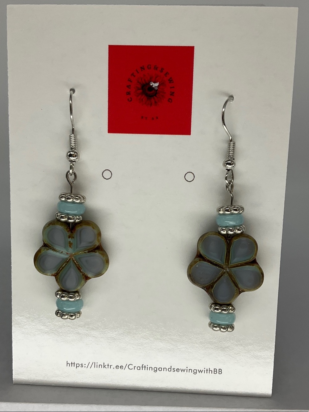 Handcrafted Light Blue Czech Flower Drop Earrings with Silver Accents